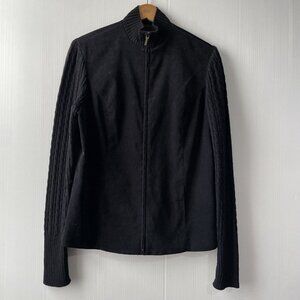 Talbots Women's Full Zip Ribbed Sweater Size 10 Black Stretchy Jacket Wool Blend